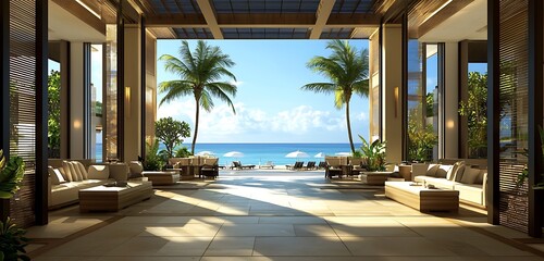 Fototapeta premium View the sea from a stylish, contemporary lobby at a resort on an island retreat.