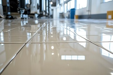 Obraz premium Reflective White Tiles in an Empty Industrial Room