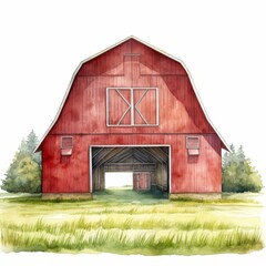 Charming Red Barn Illustration in Rural Countryside on a Sunny Day