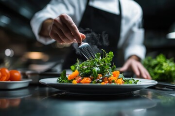 A chef garnishing a colorful salad with fresh herbs in a modern kitchen, showcasing culinary artistry and vibrant ingredients.