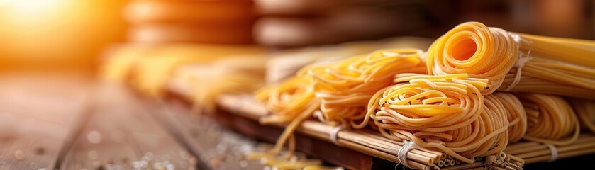 Freshly made pasta drying on a rack, vibrant and inviting, Culinary, Soft tones, Photograph, Italian cuisine