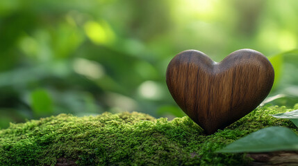 wooden heart rests on a lush mossy forest floor, symbolizing the connection between nature and human emotions, emphasizing harmony, love, and tranquility in a serene natural environment