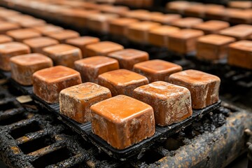 Close-up of Square Brown Bricks on a Black Metal Frame