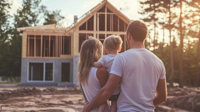 Family observes the progress of their new home construction at sunset in a peaceful natural setting
