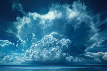 Dramatic storm clouds gather over a tranquil ocean, showcasing nature\'s power as the evening approaches