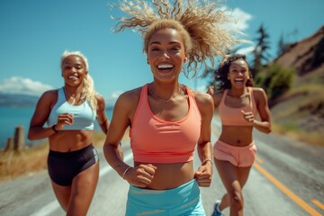 Three women joyfully running along a scenic coastal road on a sunny day surrounded by nature and blue skies