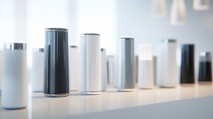 Stylish modern speakers in a sleek, minimalistic setting with various color options.