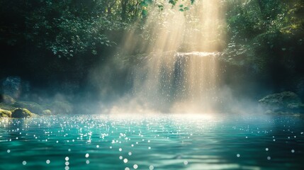 Sunbeams Illuminating a Tranquil Waterfall Pool in a Lush Forest