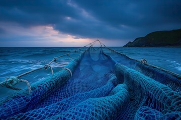 Fishing net stretching across the waters near a tranquil island at dusk by Chris Loughran
