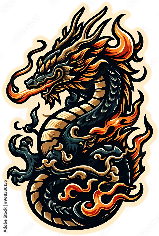 Wall mural Fiery Black and Gold Chinese Dragon Illustration