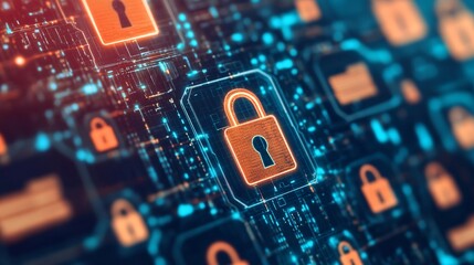 Abstract digital illustration of security locks on a circuit board background, symbolizing cybersecurity.