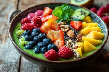 A colorful fruit bowl featuring fresh berries, mango, kiwi, and mint on a rustic wooden table.