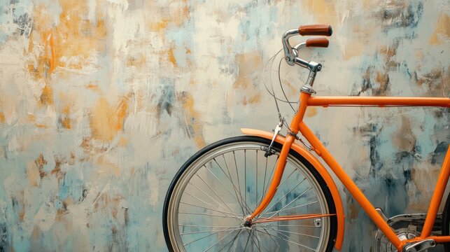 A close-up of an orange bicycle leaning against a wall painted in soft, neutral tones.