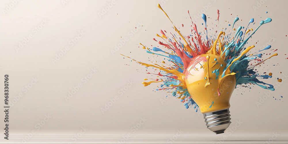 Poster Yellow light bulb exploding with colorful paint splashing for creative idea concept