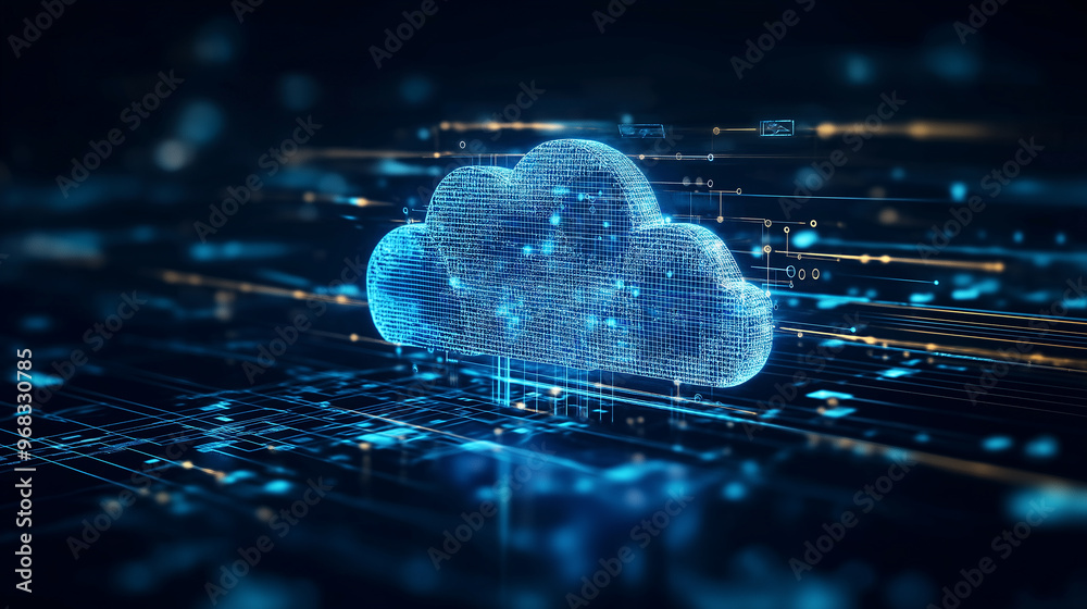 Poster Cloud computing technology with wireframe cloud symbol floating over digital circuit board