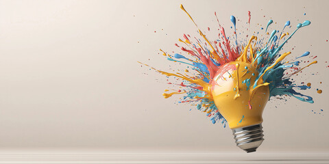 Yellow light bulb exploding with colorful paint splashing for creative idea concept