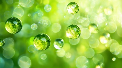 Background with transparent balls in a soft green shade in refined aesthetic. Transparent bubbles of shapes and light delicacy in green color.