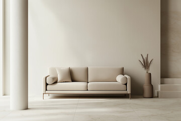 Modern minimalist living room interior with beige sofa and sunlight shining through window