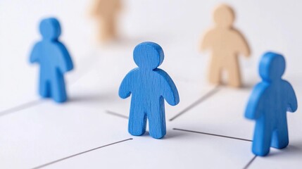 A creative representation of teamwork and collaboration using colorful wooden figures on a light background.