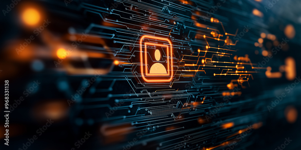 Poster Digital user account profile sign glowing on circuit board technology background