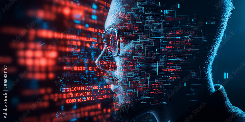 Aufkleber Computer programmer is analyzing an abstract code data in a dark environment