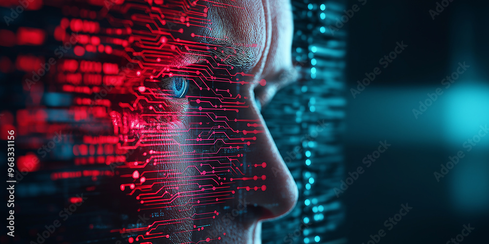 Poster Programmer working with futuristic holographic interface showing code and circuitry