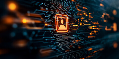 Digital user account profile sign glowing on circuit board technology background