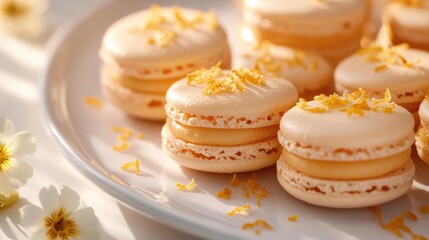A close-up of orange macarons on a white plate, decorated with orange zest and flowers.