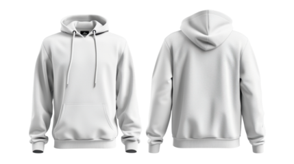 White hooded sweatshirt front back on transparent background