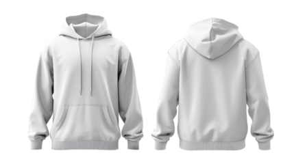 White hooded sweatshirt front back on transparent background