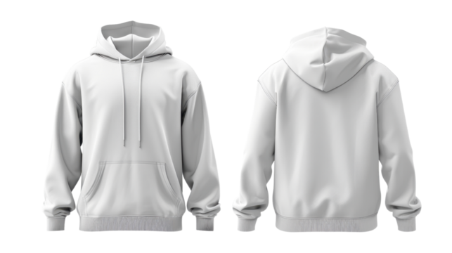 White hooded sweatshirt front back on transparent background
