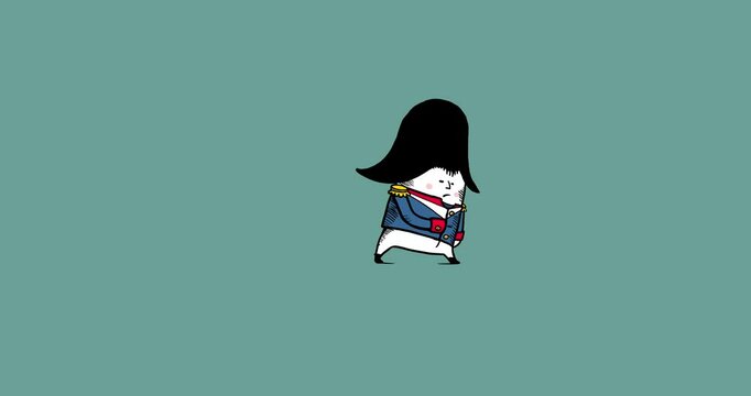 Napoleon cartoon walking color isolated. Walking loop seamless cycle emperor character animation. Metaphor symbol icon of business, society, thinking, brainstorm, strength, war, etc...