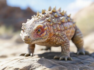 Fototapeta premium An Armored Tarchia Dinosaur Showcasing Its Remarkable Defense Features Amidst a Rugged Landscape.