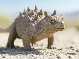 Fototapeta premium An Armored Tarchia Dinosaur Showcasing Its Remarkable Defensive Features Amidst a Rugged Landscape.