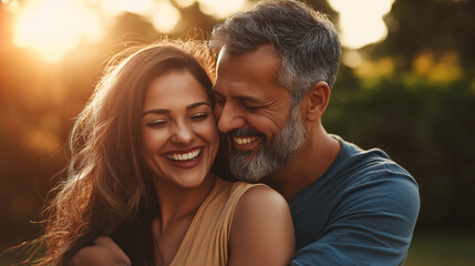 Happy couple embracing and laughing together outdoors at sunset