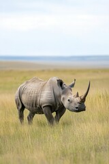 Obraz premium Arsinoitherium, the ancient rhino ancestor, peacefully roams through a vibrant and varied prehistoric grassland teeming with life.