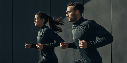 Sports couple running outside while wearing sportswear
