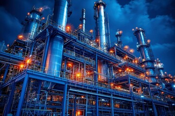 Fototapeta premium Industrial Plant with Illuminated Towers at Night