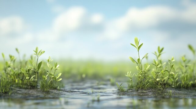 Cooksonia, the earliest land plant, thriving amid a vibrant ecosystem in a prehistoric wetland environment.
