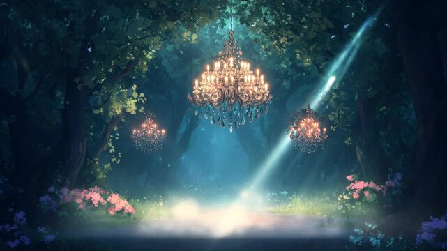 Forest path with chandeliers, magical atmosphere, glowing lights, enchanted woodland, fairy tale scene.