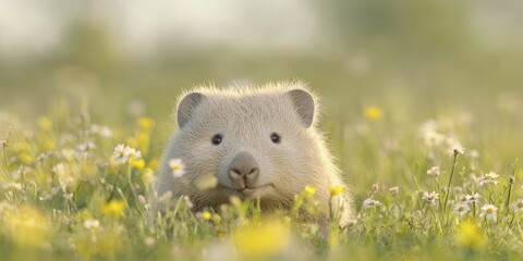 Fototapeta premium The Diprotodon giant wombat lounges peacefully in a sunlit meadow surrounded by blooming flowers and vibrant greenery.