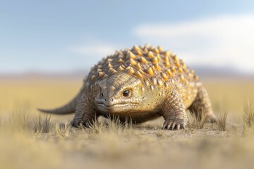 Obraz premium Doedicurus uses its armored tail to fend off predators while navigating the lush landscape of a grassy plain.