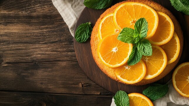 A freshly baked orange-flavored cake on a rustic wooden table, garnished with slices of orange and mint.