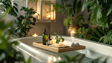 A serene stock photo of a spa-style bathtub setup, featuring a wooden bath tray with candles, essential oils, and a book.