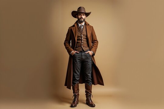 A man in traditional cowboy attire including a brown hat, long coat, waistcoat, and leather boots, standing confidently against a solid brown background.