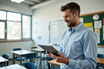 A man dressed in a light blue shirt is standing in an empty classroom holding a tablet while smiling, with windows and a green bulletin board in the background.
