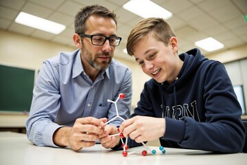 A teacher and student collaborate on constructing a molecular model, exemplifying learning and mentorship. The classroom setting emphasizes an interactive educational environment.