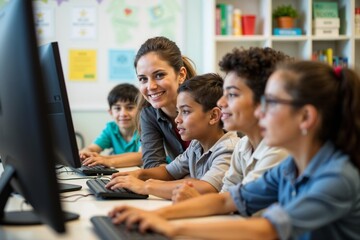 A female teacher is guiding attentive students who are using desktop computers in a brightly lit classroom, emphasizing the importance of learning and technology in education.
