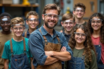 A confident teacher stands with a group of smiling students in a workshop, all wearing safety goggles and overalls, indicating a hands-on learning environment.