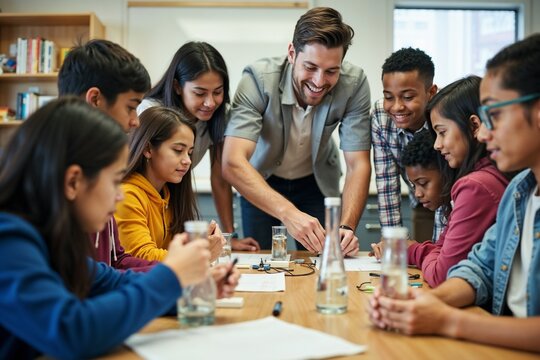 A teacher assists a diverse group of enthusiastic students with an engaging project in a bright classroom, fostering collaboration and hands-on learning.